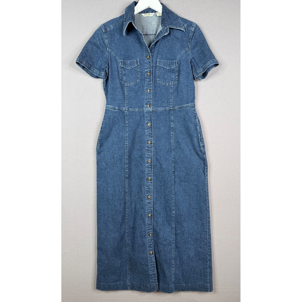 Eddie Bauer Denim Midi‎ Dress Women Size S Blue Button Front Short Sleeve Cotton
